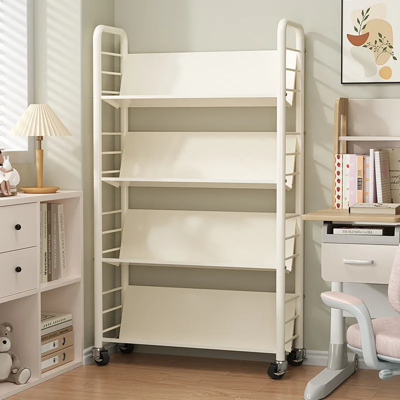 AOLIVIYA Mobile Wrought Iron Bookcase Cabinet Library Shelves Desk Bookshelf Floor Storage Rack Kids Display Organizer Stand