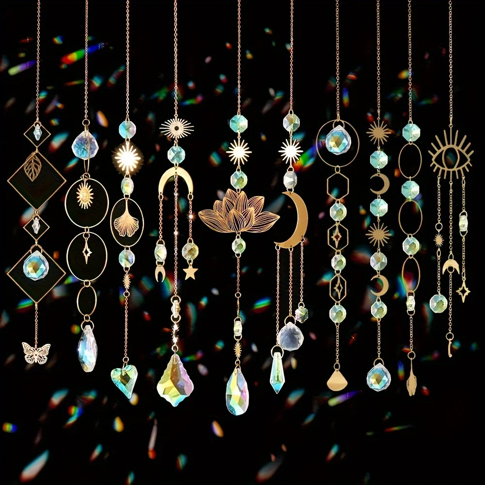 

10 Pieces Lotus Colorful Crystal Suncatcher with Chain Pendant Ornaments Hanging Crystals Prism Rainbow Maker for Windows Indoor