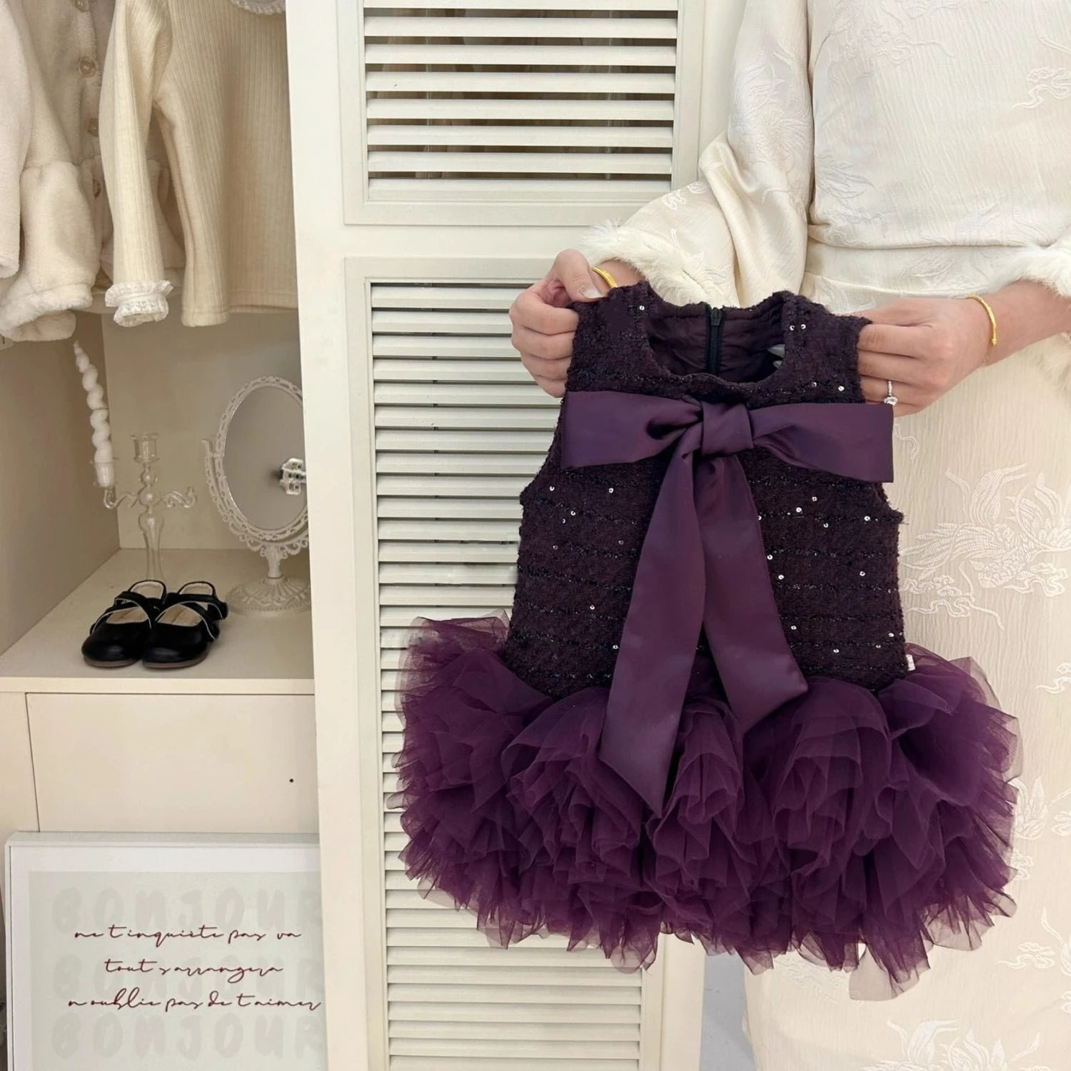 Autumn and Winter New Girls' Formal Dress Temperament Mesh Edge Butterfly Bow Birthday Princess Dress Purple Vest Dress