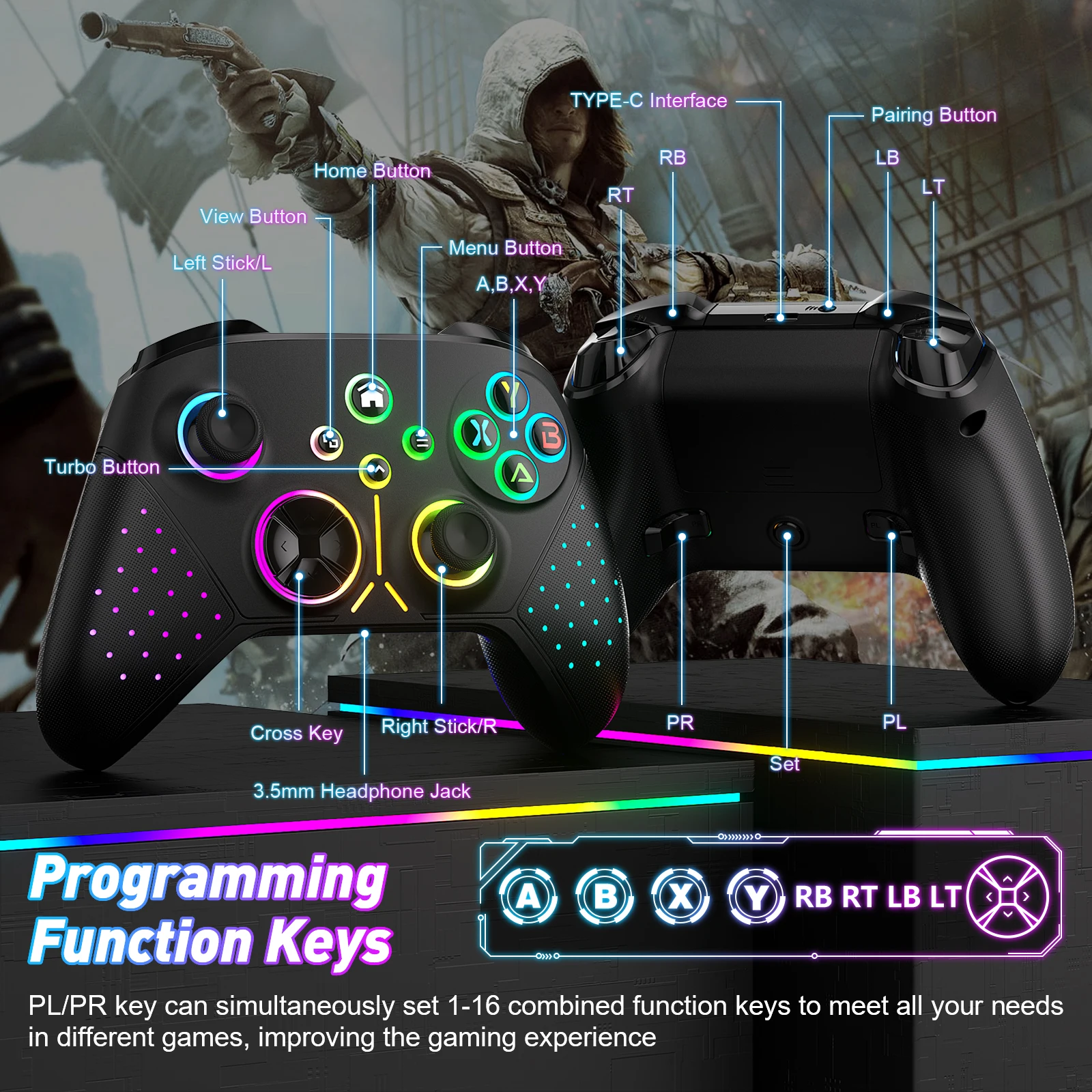 وحدة تحكم لاسلكية، متوافقة مع لوحة ألعاب Xbox one/Xbox One S/X/Xbox Series X/S/Android/iOS/PC مع وظيفة Wifi/Macro/Turbo