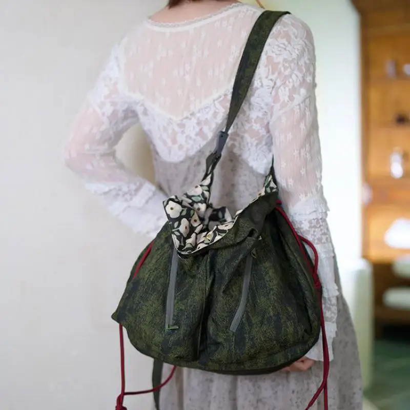 Original Cotton Fabric Vertical Drawstring Tote Bag Lined With Plant And Floral Patterns Printed On Shoulder Crossbody Bag Trend