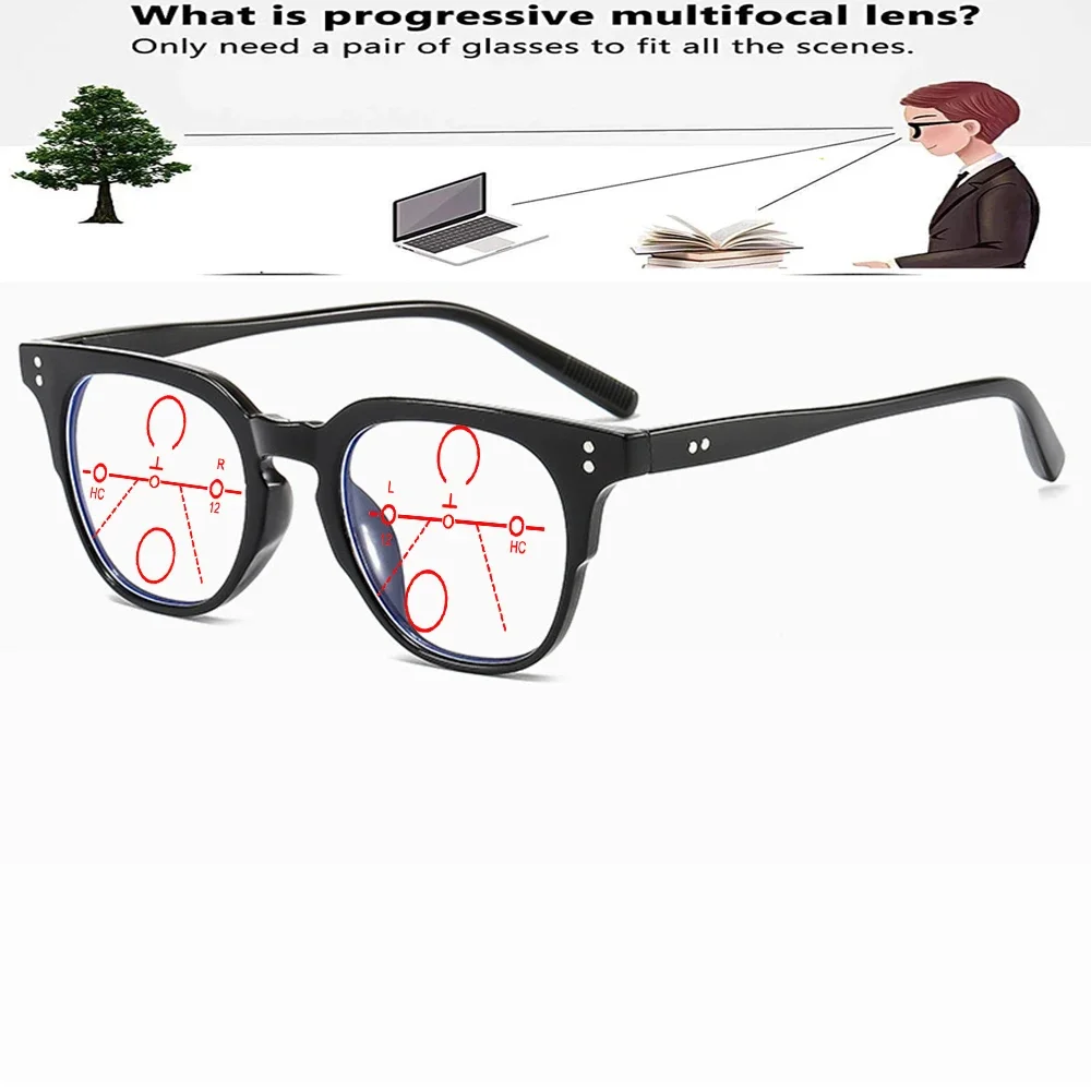 Black Flat-topped Round Vintage Literary Full-rim Progressive Multifocal Reading Glasses +0.75 To +4