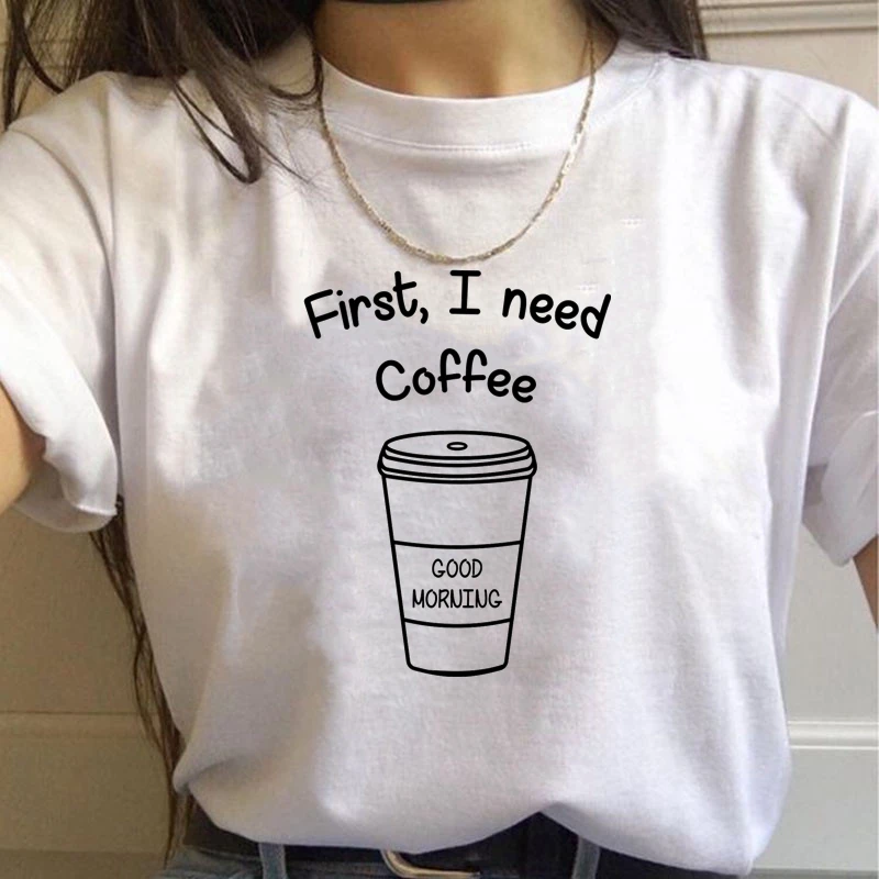 Women's Short Sleeve O-Neck T-Shirt, Casual Female Tops, First I Need Coffee Printed, Plus Size, Summer t shirt