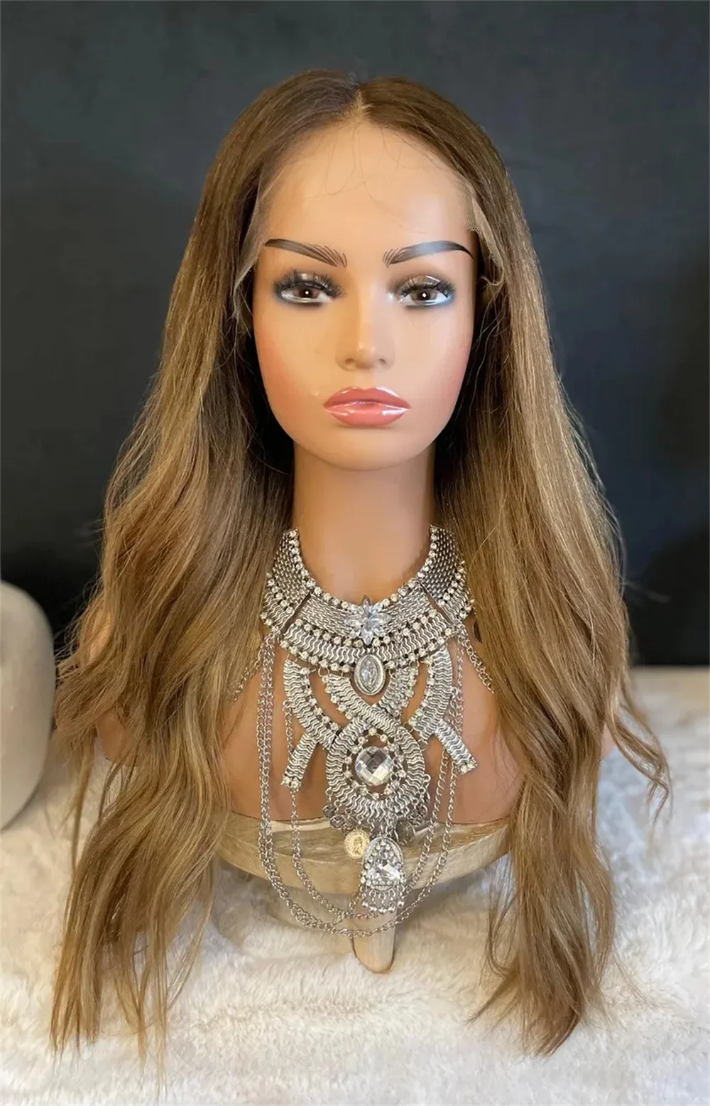 Honey Brunette Blonde Ombre Wig for Women Heat Friendly Mixed Human And Synthetic Fiber Lace Frontal Wig Beginner Friendly