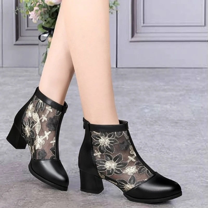 2024 New Fashion Women High Heels Lace Flower Ankle Strap Hollow Out Sandals Round Toe Zip Pumps Zapatos De Mujer