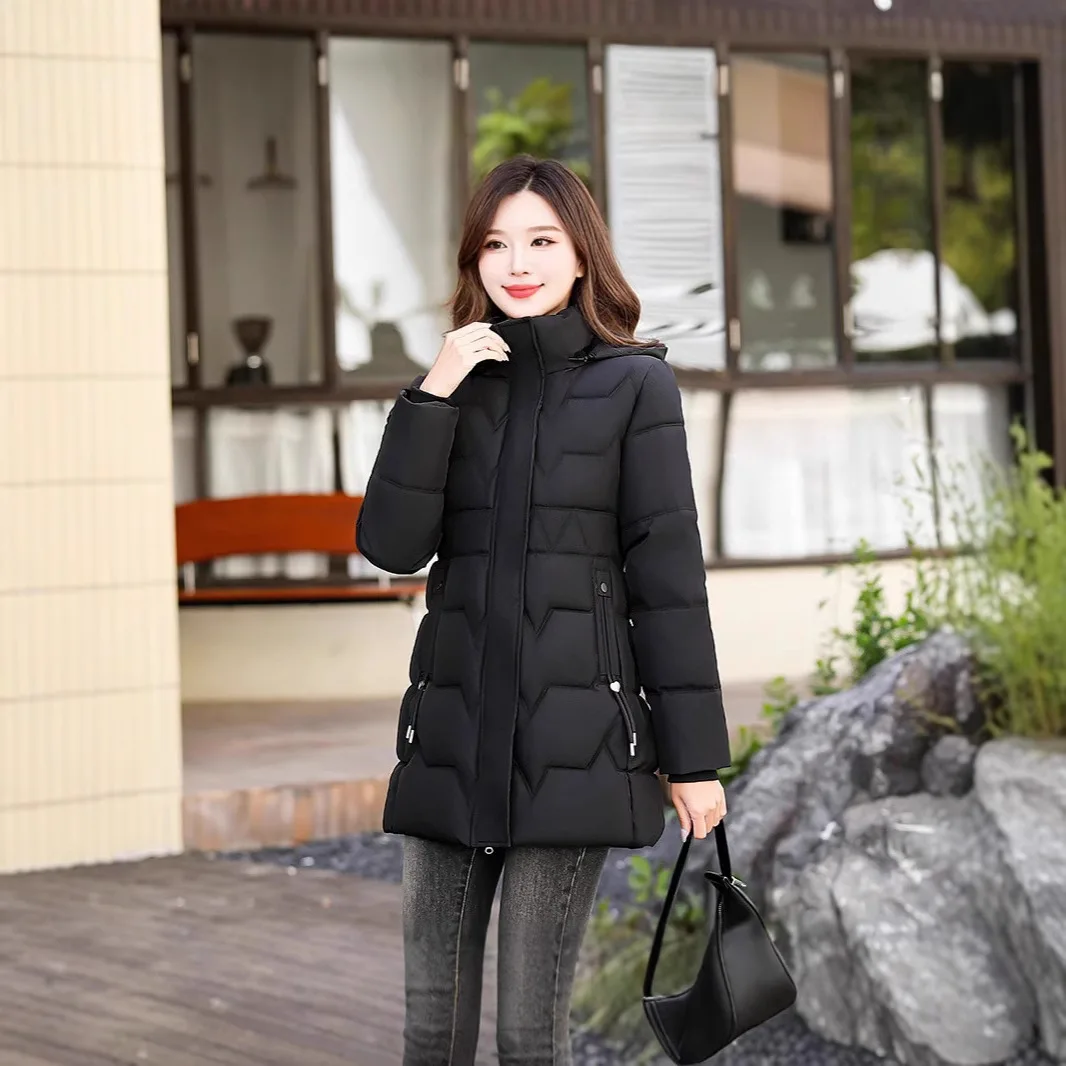 Down Cotton Jacket Women 2025 mid-length Winter Warm Slim Solid Color Thickened cotton-padded women's Cotton Coat Clothing