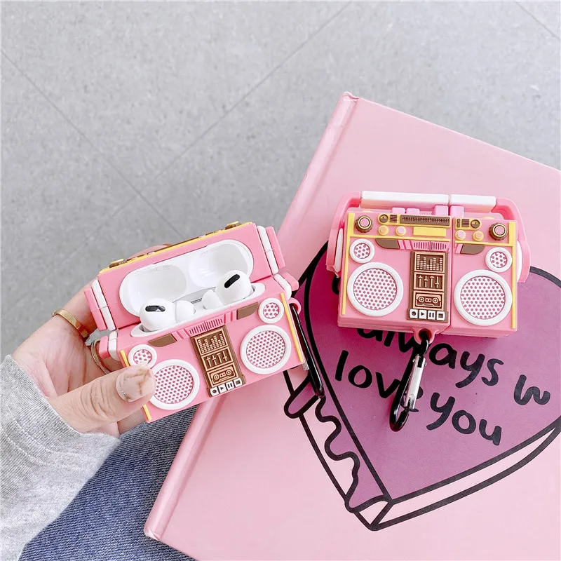 

For AirPods 1 2 Pro Case 3D Pink Retro Radio Tape Sound Recorder Soft Silicone Earphone Cases for Apple Airpod Case Cover Funda