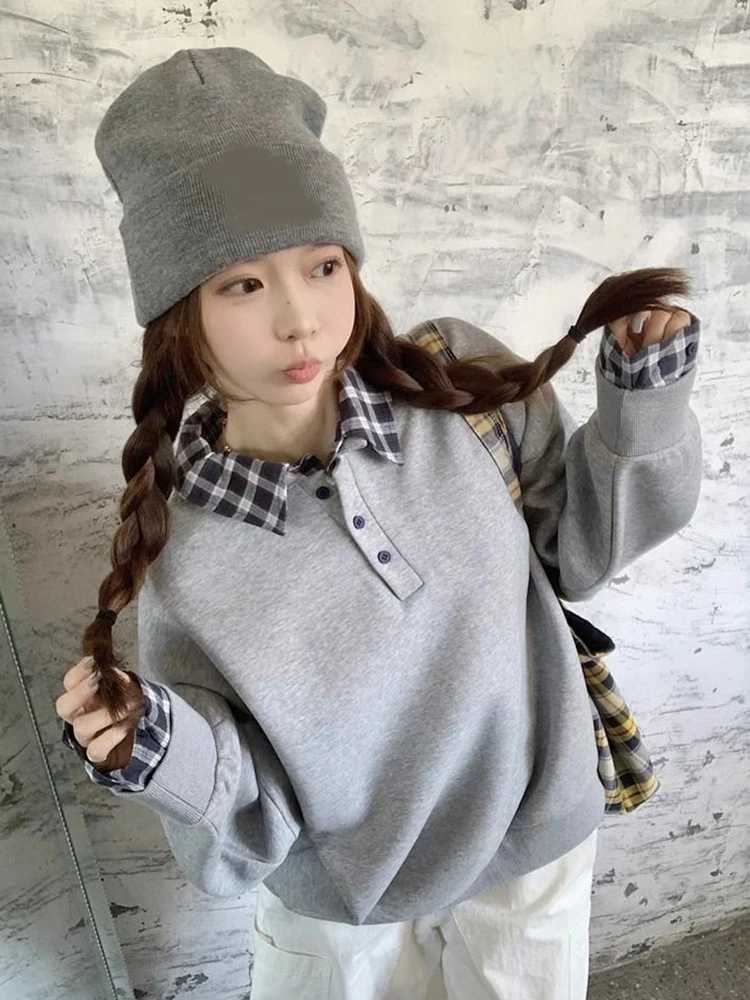 Zoki Retro Plaid Patchwork Sweatshirts Women Preppy Style Loose Casual Pullovers Korean Long Sleeve Vintage Female Simple Tops