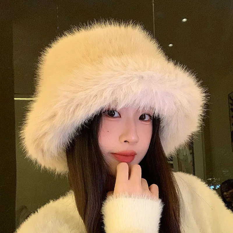 Premium Plush Fluffy Fisherman's Hat with a Lady's Style Big Head Waist and Woolen Hair Cap for Winter Warmth Hoodie Bucket Hat