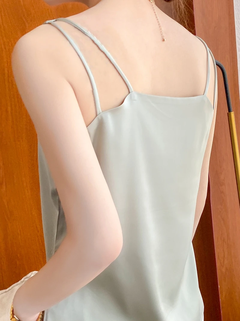 Silk Csole Tank Top Women ort V-ne Bla White Satin Base  Silk Summer Open Ba Commute Sle Loose Fit