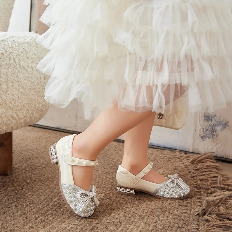 Kid's Princess Leather Shoes for Girls 2024 Spring Autumn Water Diamond New Children High Heels Crystal Model Performance Shoes