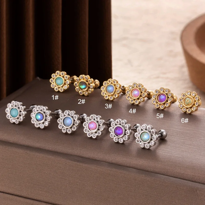 1PC Stainless Steel Double Head Helix Piercing Jewelry for Women Colorful Zircon Sunflower Screw Tragus Cartilage Stud Earrings