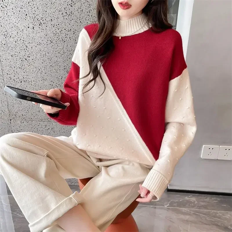 DAYIFUN-Women Knitted Pullovers,Polka Dot,Color Blocking Design Sweater,Autumn Winter,Loose,Half High Neck,Long Sleeve Chic Tops