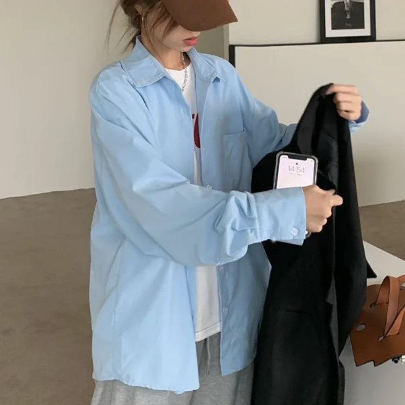 Shirts Frauen Casual Faul Stil Ulzzang Studenten Harajuku Frühling Lose Minimalistischen Täglichen Alle-spiel Beliebte drehen-unten Kragen tops