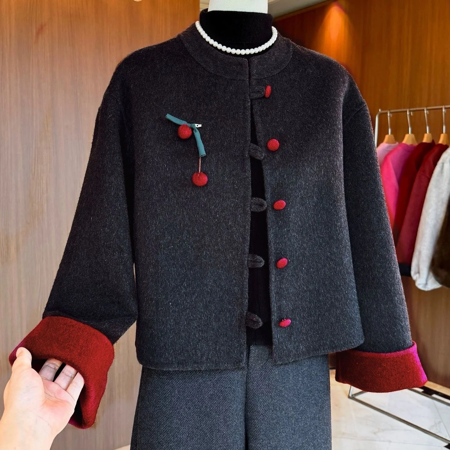 

New Chinese Sle Double-Faced Velvet Woolen Coat Women's ort Faionable Autumn Winter Outerwear Polyester 80% Wool 20%
