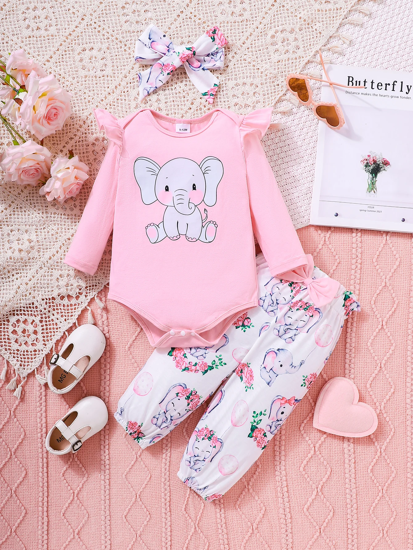 Baby Girl Casual Spring Autumn Elephant Print Long Sleeve Triangle Blanket Suit + Full Print Pants + Headscarf Three-Piece Set