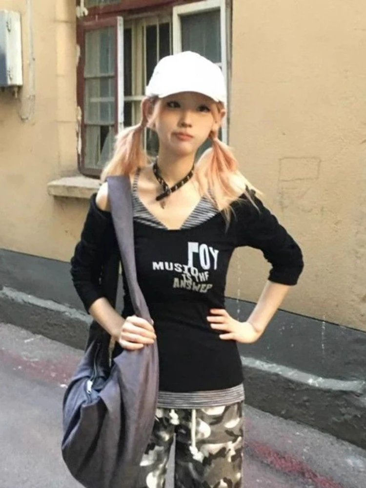 Camiseta Zoki ahuecada Y2K para mujer, ropa de calle Vintage, camisetas góticas de manga larga, camisetas Harajuku con cuello en V académico oscuro americano para primavera