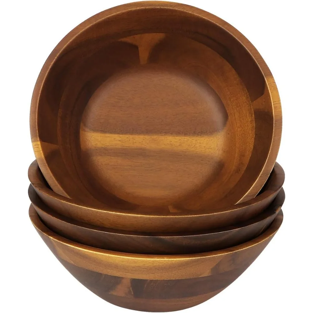 

Set of 4 Acacia Wood Serving Bowls, 7 Inch for Salad, Soup, Noodles and More