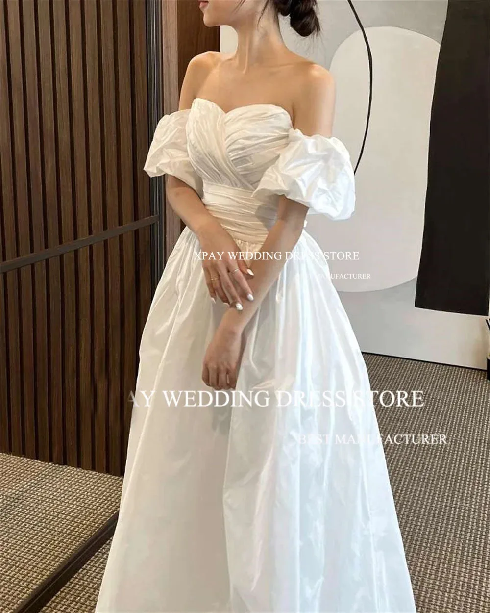 ML A Line Korea Wedding Dress Sweetheart Customized Taffeta Pleats Corset Back Bridal Gown Short Lantern Sleeve Bride Dress