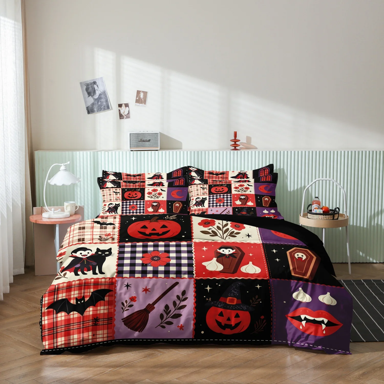 3Pcs Halloween Patchwork Print Duvet Cover Set, Vampire Bat Pumpkin Plaid Holiday Print Bedding, Soft Microfiber Home Decoration