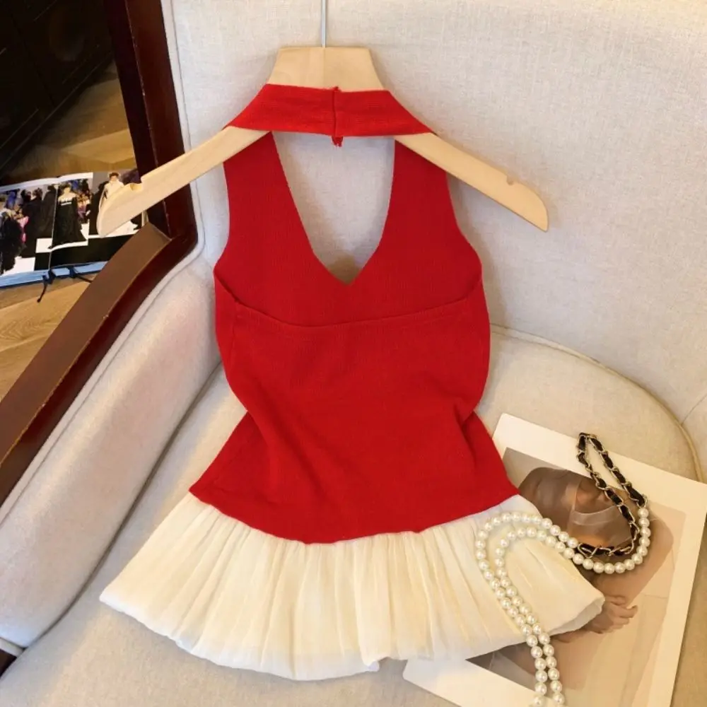 

Cute Patchwork Knit Crop Top Slim Fit V-neck Halter Camisole Women Vest Sleeveless Sweet Girl's Top Summer