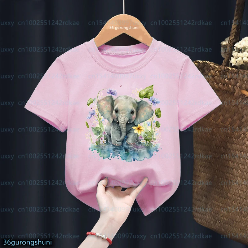 New Gitls Tshirt Funny Flower Elephant Animal Print Kids T-Shirts Cute Toddler Baby Tshirts Girls Pink Short Sleeve Tops