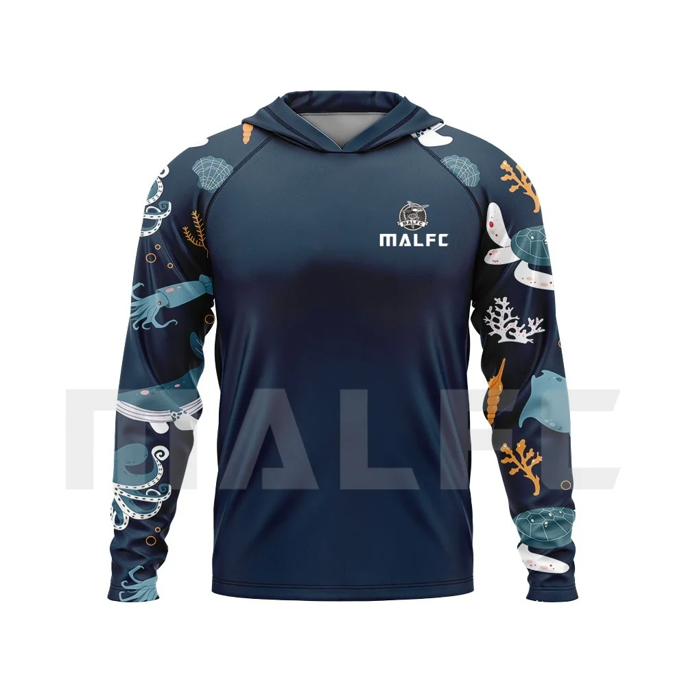 MALFC طويلة الأكمام الصيد تي شيرت الأشعة فوق البنفسجية حماية الصيد ملابس الرجال هود قميص الصيد