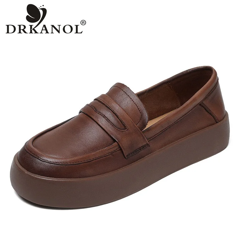 

DRKANOL Women Loafers Genuine Leather Slip-on Flat Platform Shoes Women Round Toe Comfort Shallow Soft Sole Shoes Handmade Retro