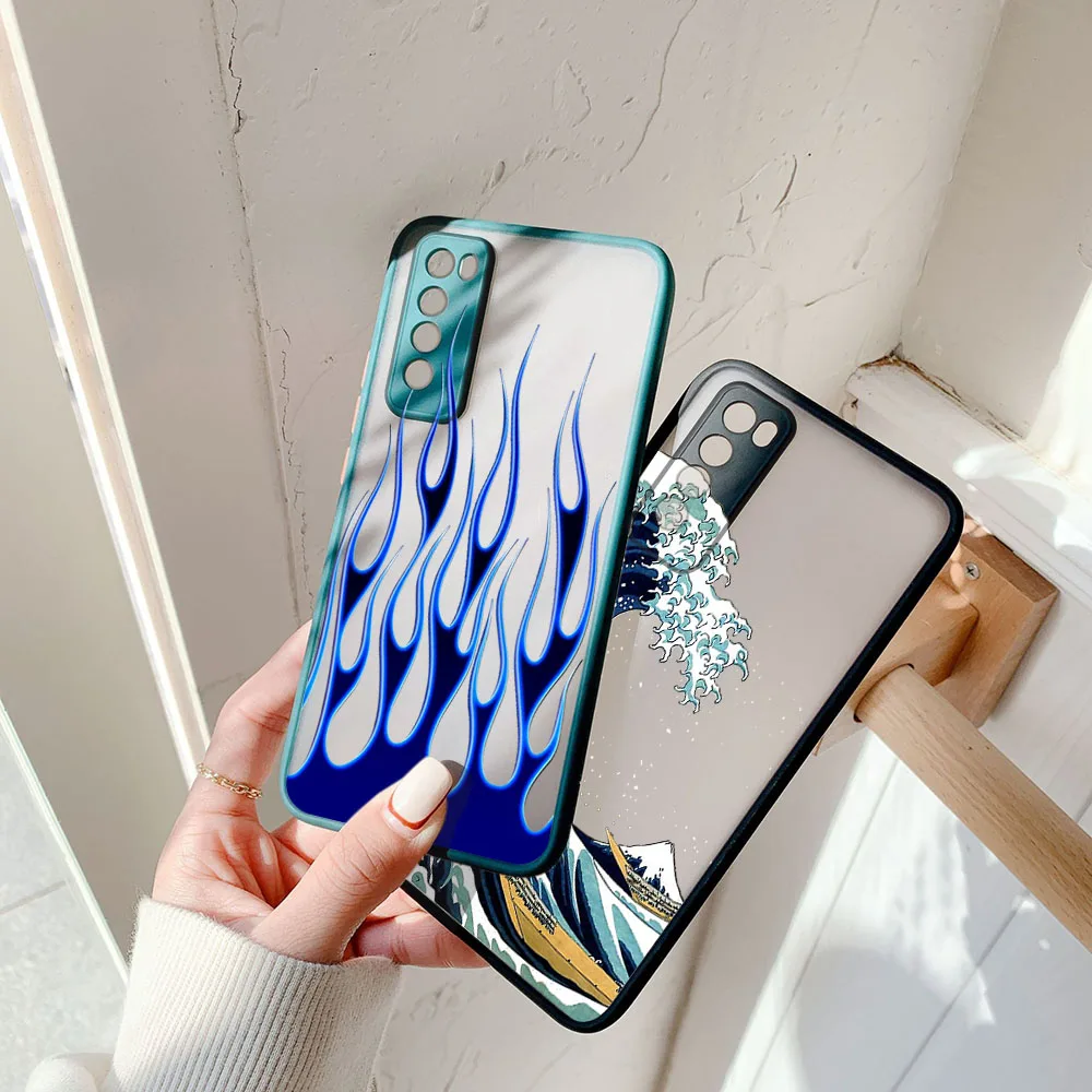 Skin Feel Translucent Phone Case For Samsung S22 A73 A72 A71 A54 S24 S23 S21 S20 Note20 S10 Green Red Blue Flame Sea wave Cover 