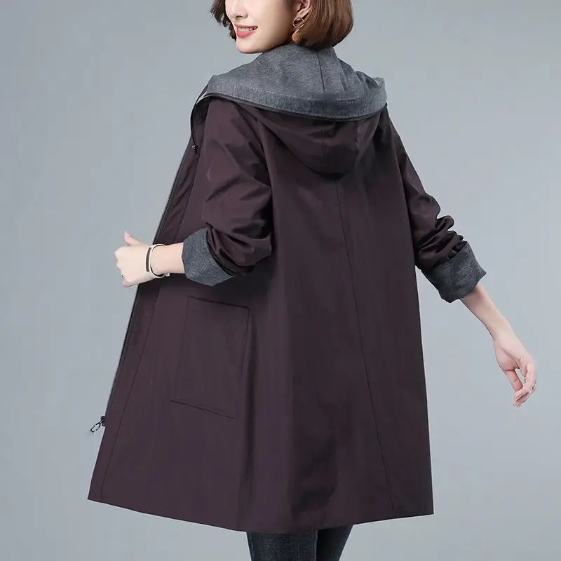 Mid-Aged fat Mother Outfit Autumn Winter New Double-Layer Lining Long hooded Trench Coat For women Thin Simple Casual Loose
