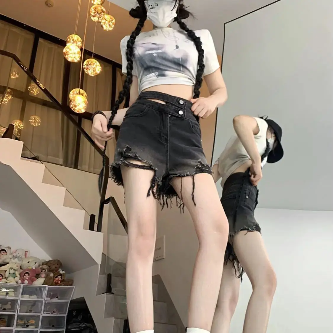 American Hot Girl Style Gradient Color Jeans Women Summer New Loose Slim Wide-Leg Shorts High Waist Wash Old Pants