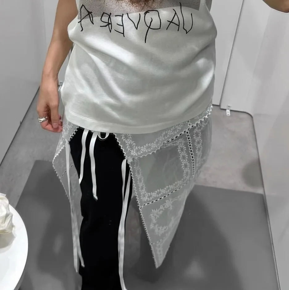 Retro Sle Wit Kant Gordel Ontwerp Schort Rok Dames Gelaagde f-lengte Rokken Hoge Taille Asymmetrische Pendelen Sle