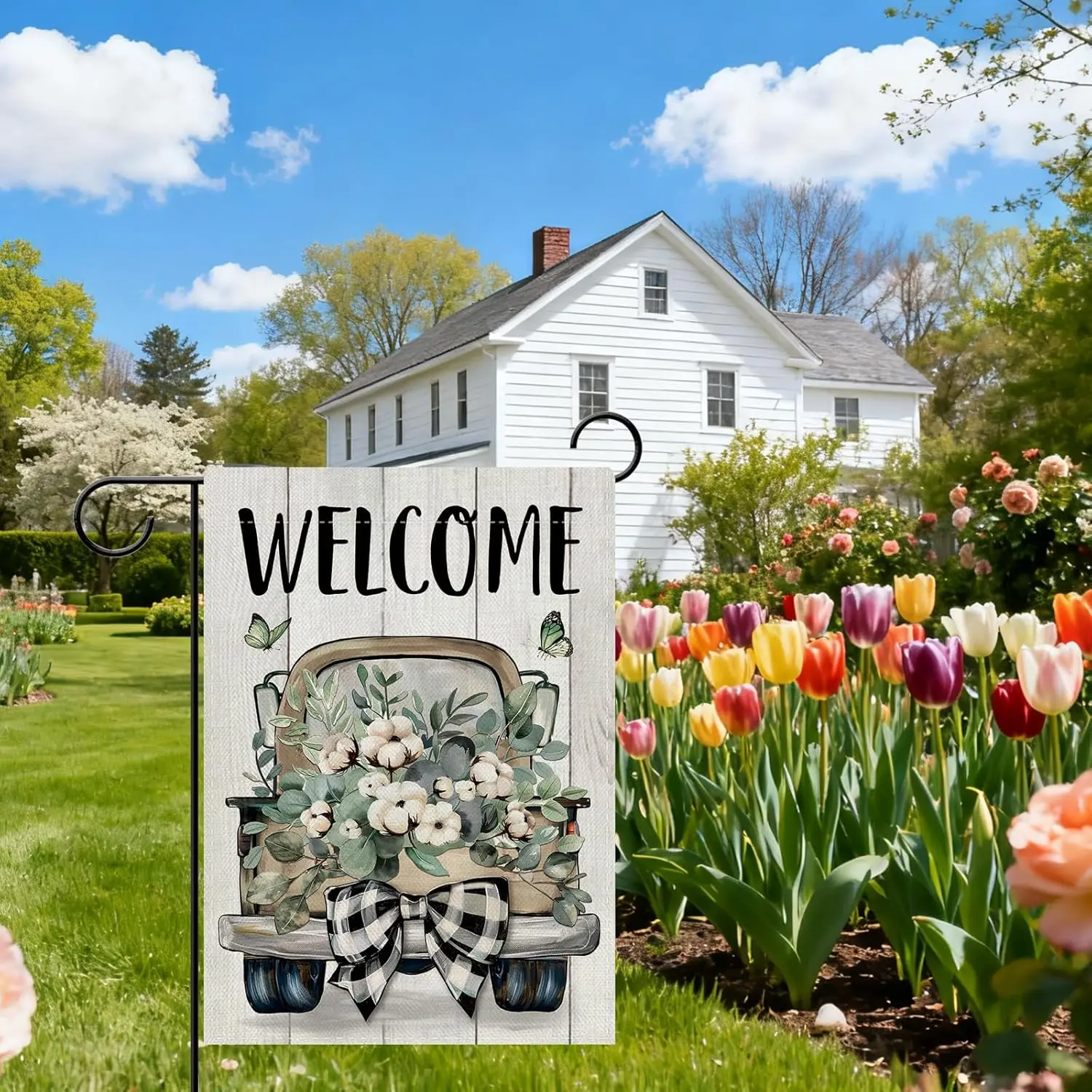 Dyrenson Welcome Spring Summer Truck Decorative Garden Flag, Cotton Eucalyptus Leaves Butterfly Yard Outside Home Decoration EEZ