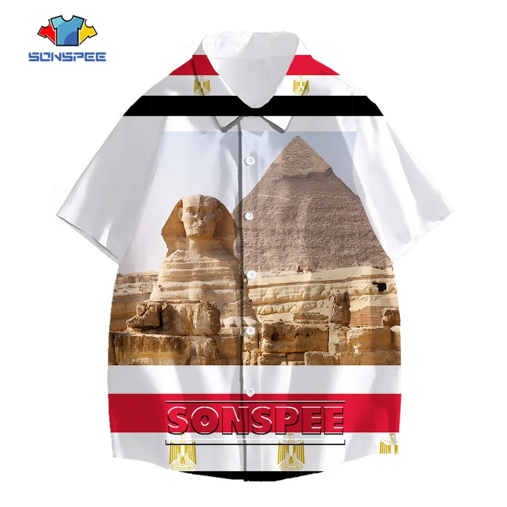 

SONSPEE Pyramid Sphinx 3D Print Botton Shirt Unisex Ancient Egyptian Art Classic Blouse Short Sleeve Atum Horus Odris Tops