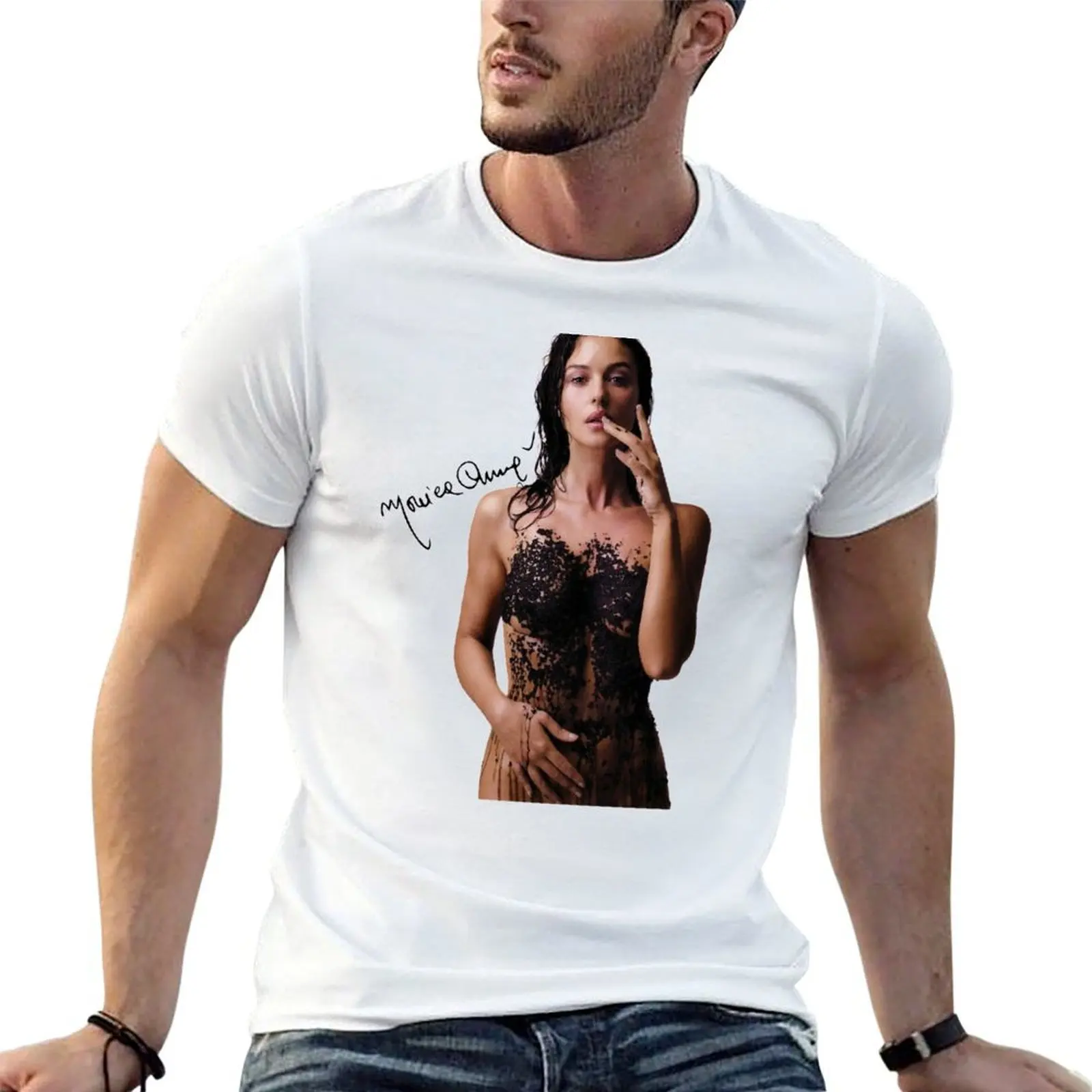 

Monica Bellucci covered with black caviar T-Shirt man t shirt luxury t shirts for man cotton T-Shirt