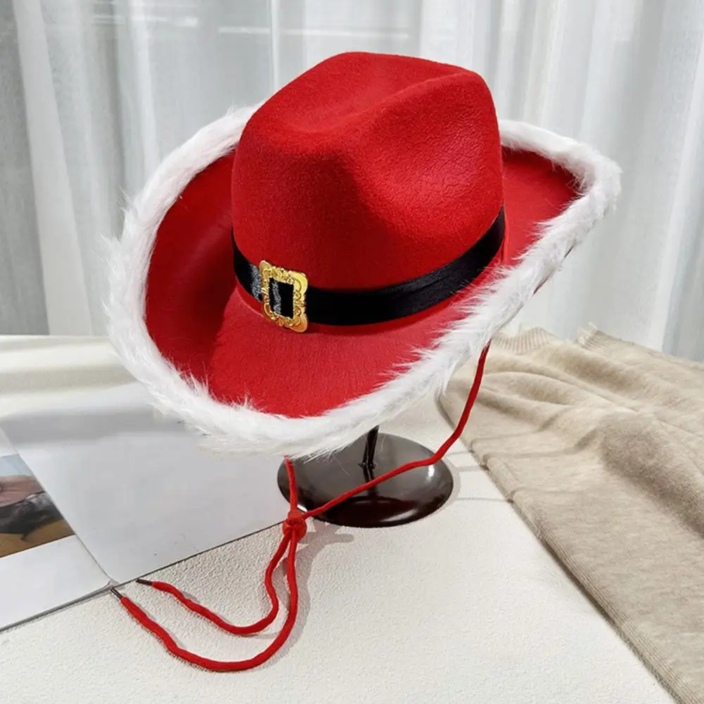 

Cowboy Hat Christmas Themed White Furry Trim Soft Felt Material Jazz Top Hat Adjustable Red Tie Party Hat