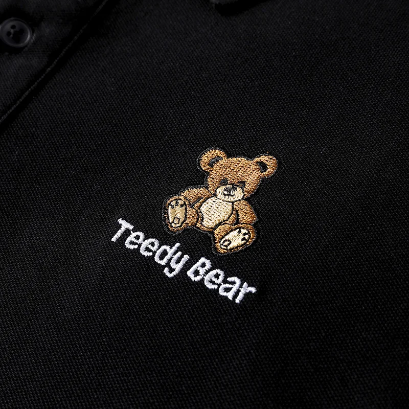 Luxury Embroidery Teddy Bear Men\'s Polo Shirt Summer Thin 100%Cotton Hip-Hop Harajuku Black Lapel Short-Sleeved Tops Male M-4XL