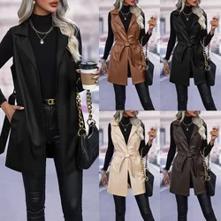 Gilet senza maniche in pelle PU da donna con cintura Giacca cardigan in tinta unita di tendenza alla moda di media lunghezza Streetwear