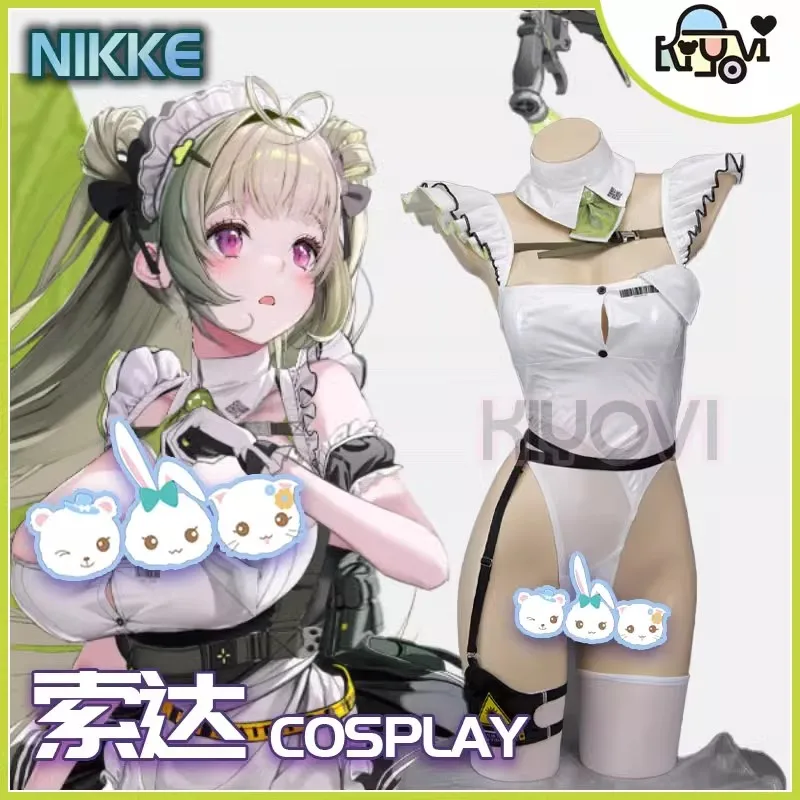 NIKKE The Goddess of Victory Cosplay Soda Sexy Leather Jumpsuit Anime Maid Skirt Lolita Apron Headwear Pantyhose Halloween