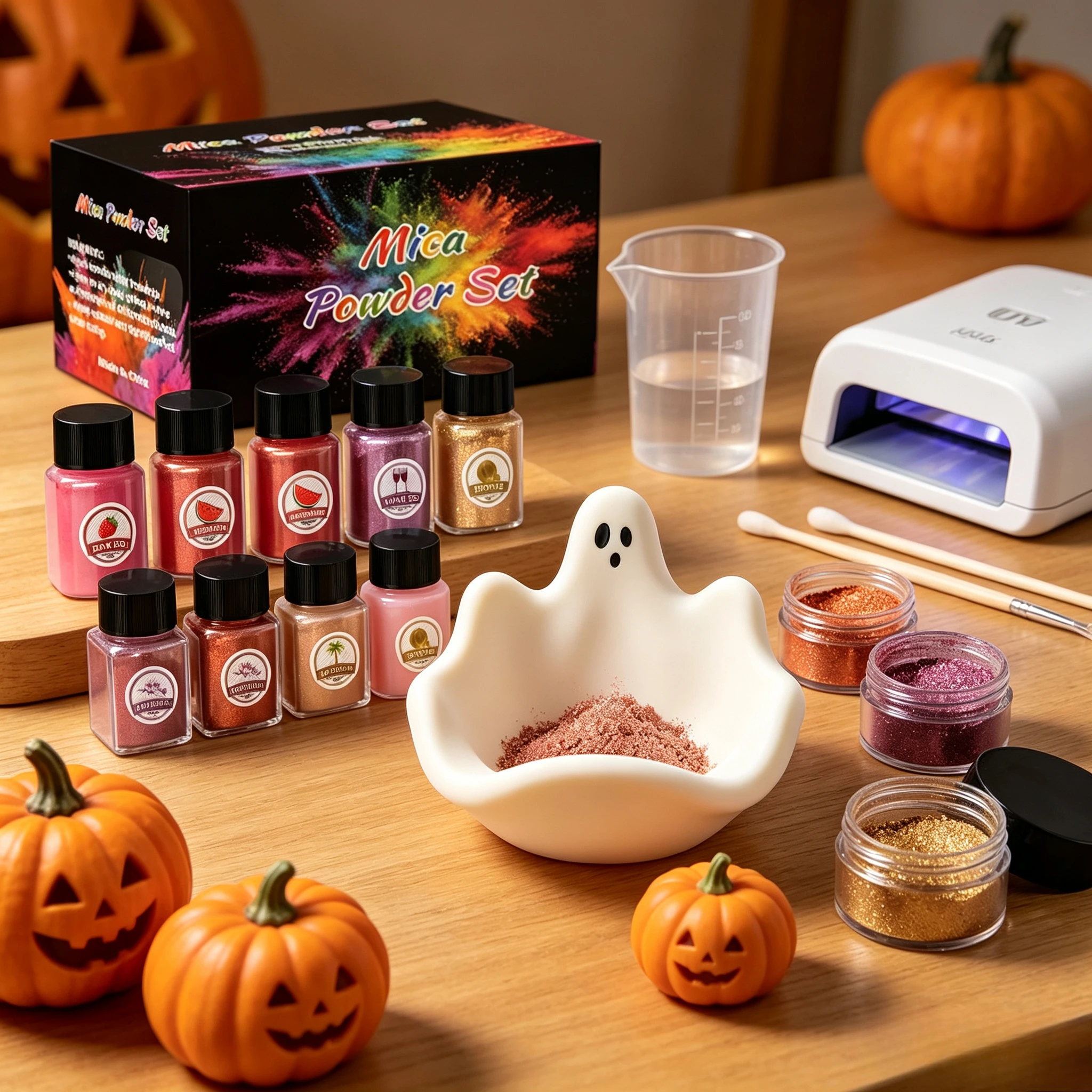 Halloween DIY Resin Craft Kit, 6-Color Mica Powder Set, Silicone Mold for a Ghost-Shaped Trinket Bowl ，Desktop Jewelry Trays