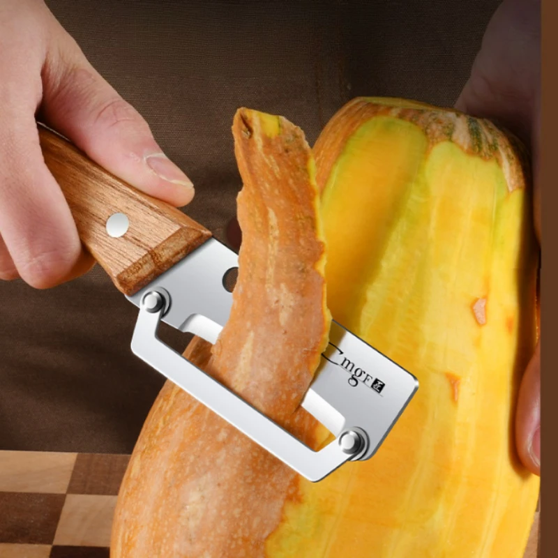Pelador con mango de madera y abridor de botellas, hoja de acero inoxidable, herramienta de cocina para fruta, manzana, patata, calabaza, papaya, Zucchini