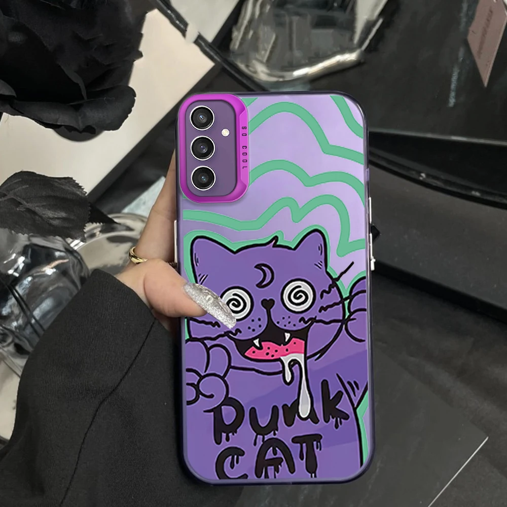 Punk cat Phone Case For Samsung S23 S24 S22 A71 A55 ULTRA PLUS FE Electroplated Silver IMD Laser Color Shell