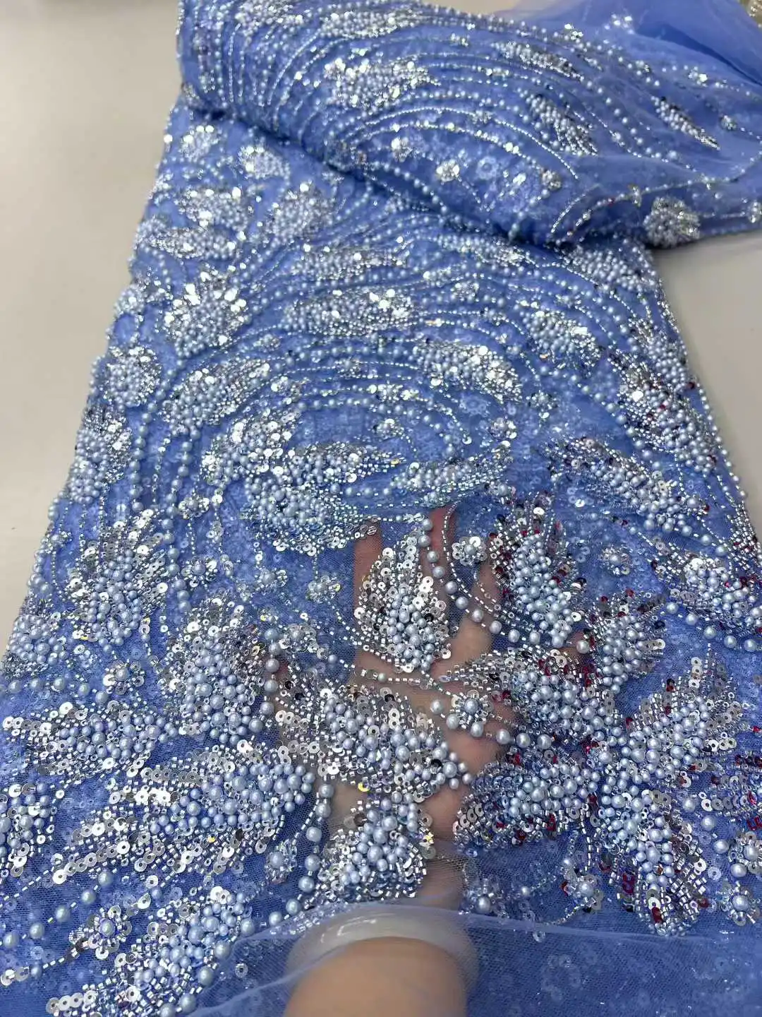 

2025 African Nigerian High-Quality Sequins Tulle Lace Fabric for Prom Embroidery Dresses Beads Sewing Net Cloth 5Yards ZX95RT-39