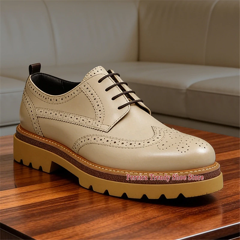 Apricot Thick Soled Business Shoes for Men British Style White Cowhide Carved Derby Shoes Fashion Party Wedding Dress Shoes