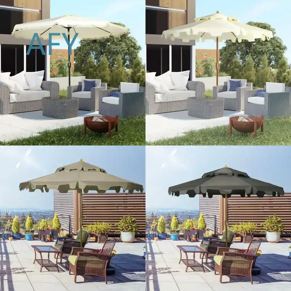 9ft Patio Umbrella for Garden Outdoor Market Table with Push Button Tilt Crank Mechanism 8 Ribs Fringed Tassels UV Resistant