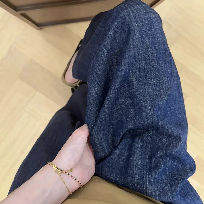 S-3xl Retro Blue Denim กางเกงผู้หญิงฤดูร้อน Drawstring ยืดหยุ่นเอวตรงกางเกงเลดี้สบายๆบางกางเกงยีนส์ขากว้าง