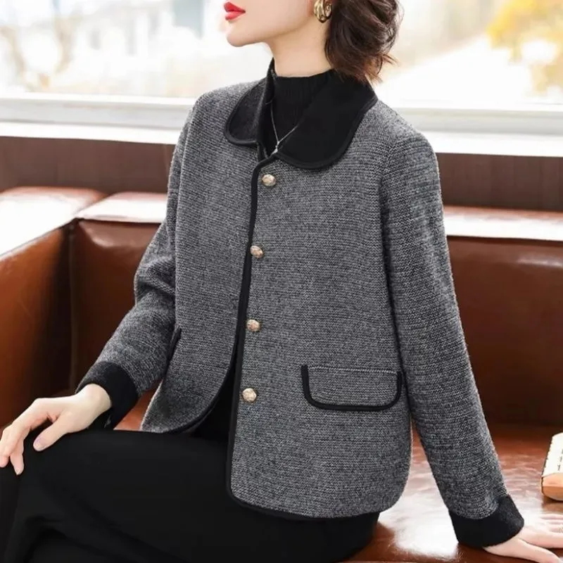

Autumn and Winter Women's Lapel Woolen Coat for Small Women Solid Color Button Pocket Elegant Casual Top