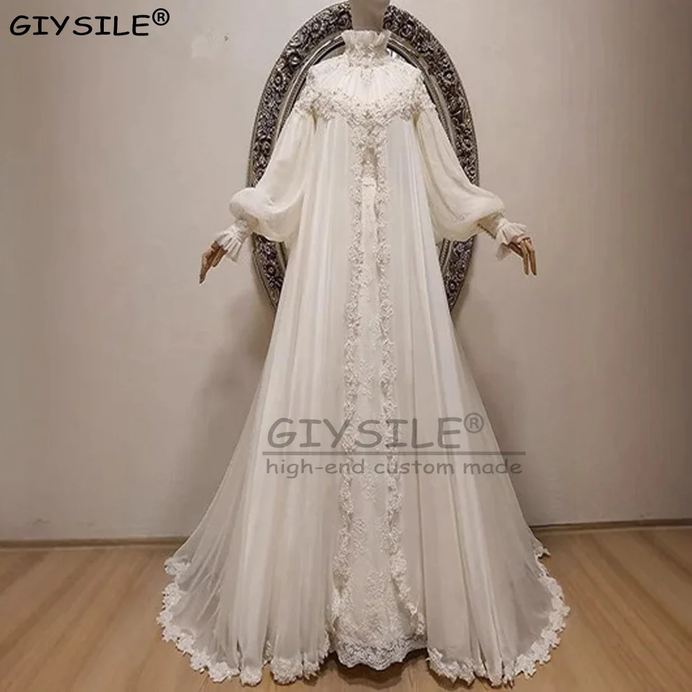 GIYSILE Aangepaste chiffon applicaties moslim trouwjurken lange mouw hoge hals bruidsjurk Arabische Dubai vestidos de novia