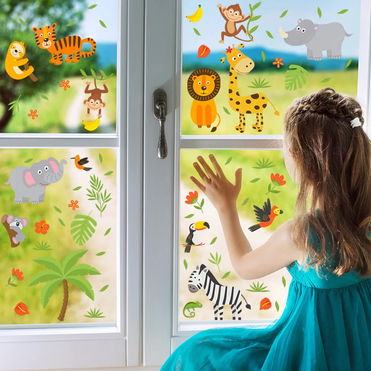Cartoon Forest Animal Creative Static Window Stickers Double-Sided Visible Glass Stickers Home Shop Window Wall Decor Decals