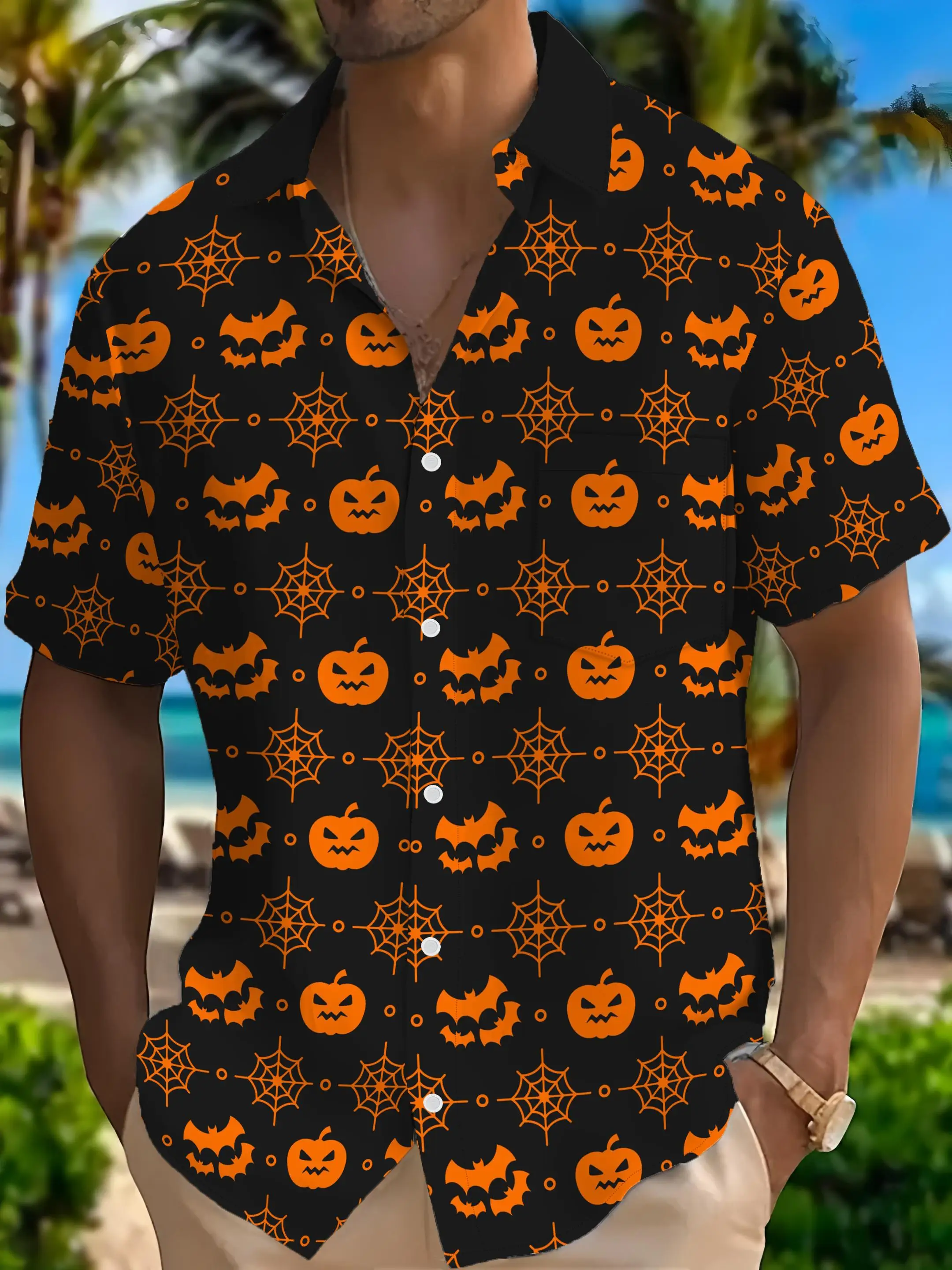 Men's Shirt Halloween Pumpkin Bat Cobweb All Over Print Black Base Short Sleeve Holiday Party Trend Casual Mens Clothing